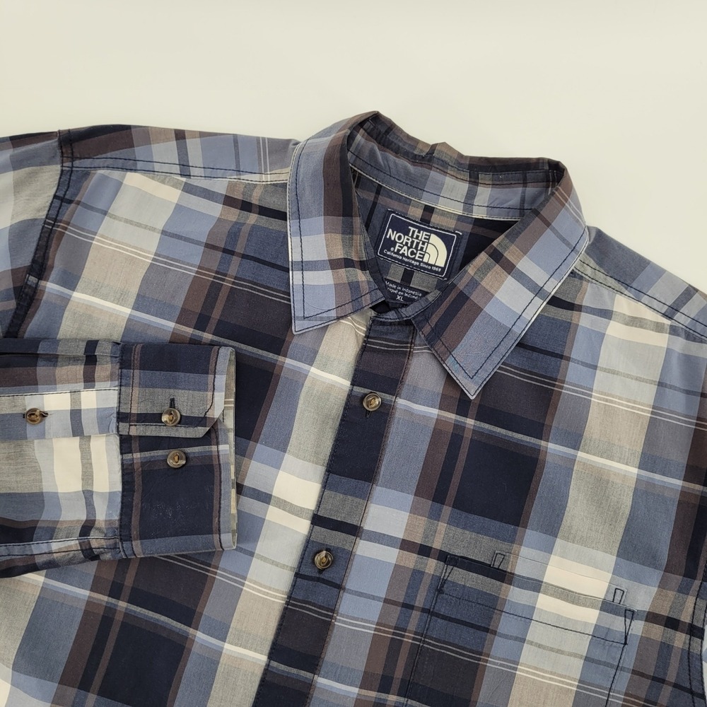 The North Face Mens XL Blue Plaid Long Sleeve Button Down Cotton Shirt KU 683677